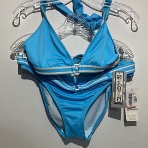 Jag Jeans Women's Blue Halter O-Ring Stripe 2 Piece Swimsuit Size XL NWT